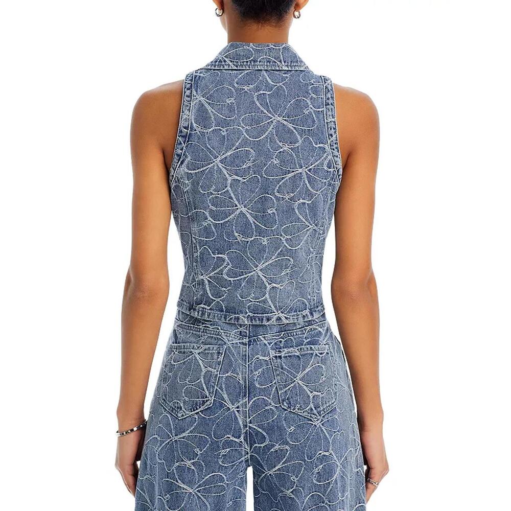 Ramy Brook Deacon Floral-Embroidered Denim Crop Top - XXSmall